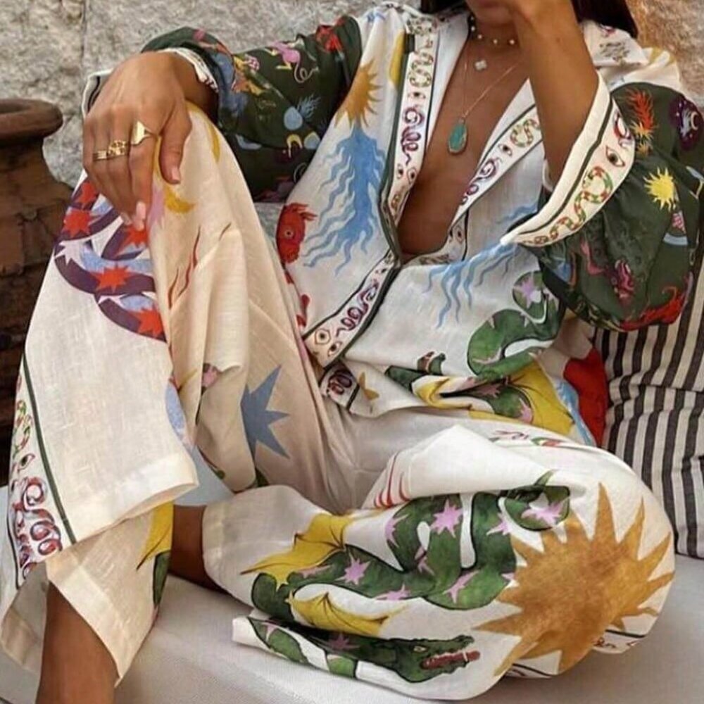 Multicolor Boho Women's All-Over Print Shirt and Pants Set